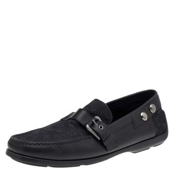 Pre Owned Louis Vuitton Black Monogram Canvas And Leather Slip on Loafers Size 45