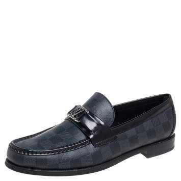 Pre Owned Louis Vuitton Black Leather Damier Embossed Santiago Loafers Size 41.5