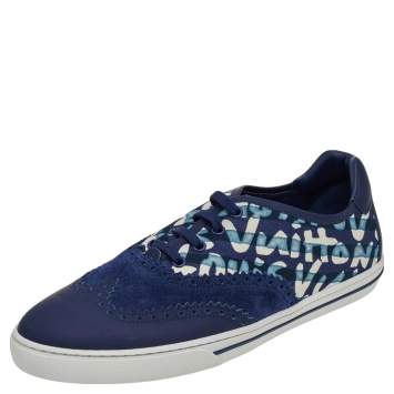 Pre Owned Louis Vuitton Blue Leather And Printed Canvas Stephen Sprouse Low Top Sneakers Size 41