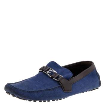 Pre Owned Louis Vuitton Blue/Brown Suede And Leather Hockenheim Slip On Loafers Size 43.5