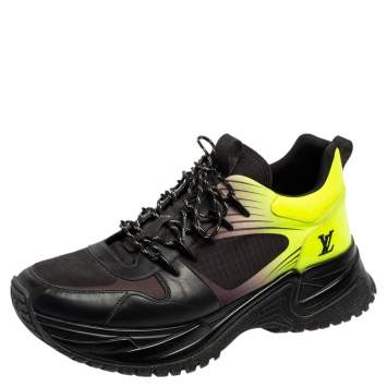 Pre Owned Louis Vuitton Black/Green Leather and Mesh Run Away Pulse Sneakers Size 44.5