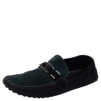 Pre Owned Louis Vuitton Black/Green Suede Hockenheim Slip-On Loafers Size 42