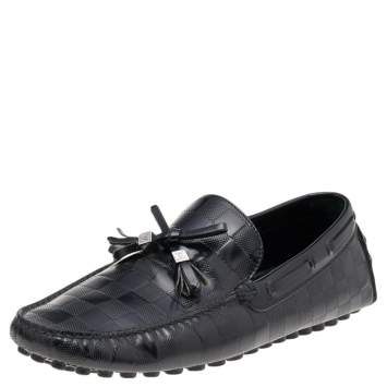 Pre Owned Louis Vuitton Black Damier Embossed Leather Bow Slip On Loafers Size 41.5