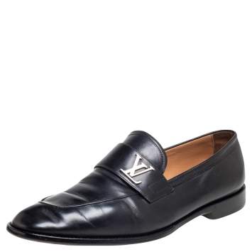 Pre Owned Louis Vuitton Black Leather Logo Slip On Loafers Size 42