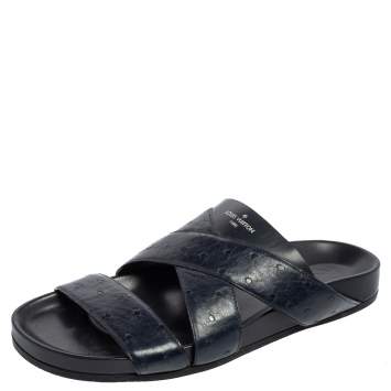 Pre Owned Louis Vuitton Navy Blue Ostrich Leather Mirabeau Mule Sandals Size 42