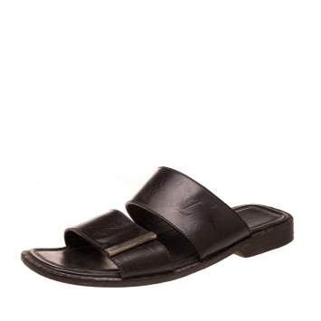 Pre Owned Louis Vuitton Dark Brown Monogram Embossed Leather Flat Slide Sandal Size 41.5