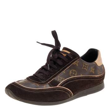 Pre Owned Louis Vuitton Brown Monogram Canvas And Suede Low Top Sneakers Size 43
