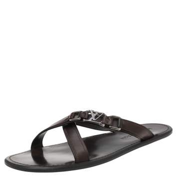 Pre Owned Louis Vuitton Dark Brown Leather Logo Cross Strap Flat Slides Sandals Size 41