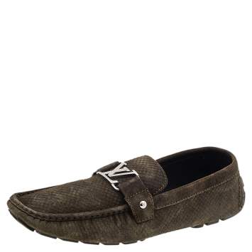 Pre Owned Louis Vuitton Olive Green Textured Suede Monte Carlo Slip On Loafers Size 47