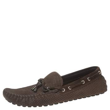 Pre Owned Louis Vuitton Brown Petit Damier Suede Bow Loafers Size 44
