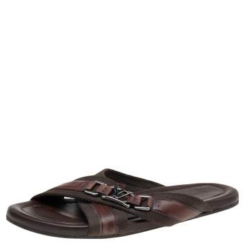 Pre Owned Louis Vuitton Brown Leather And Fabric Cross Strap Logo Flat Sandals Size 40