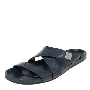Pre Owned Louis Vuitton Navy Blue Leather Criss Cross Strap Flat Slides Size 44.5