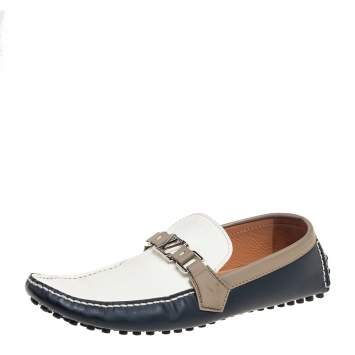 Pre Owned Louis Vuitton White/Navy blue Leather Hockenheim Slip-On Loafers Size 44