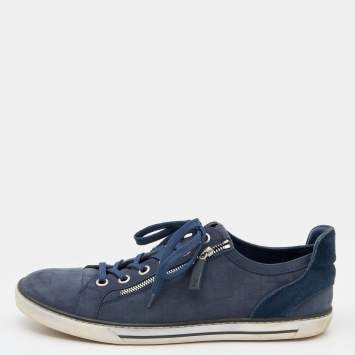 Pre Owned Louis Vuitton Blue Damier Nubuck Leather and Suede Aventure Zip Up Sneakers Size 43