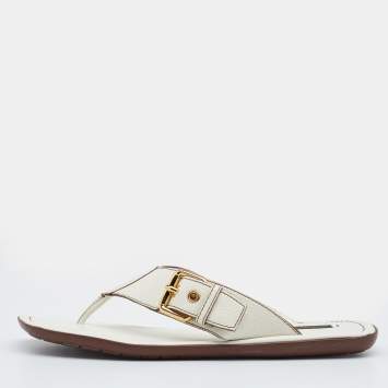 Pre Owned Louis Vuitton Off White Leather Thong Flat Sandals Size Size 39.5