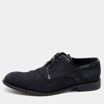 Pre Owned Louis Vuitton Black Damier Embossed Suede and Patent Leather Trim Lace Up Derby Size 43