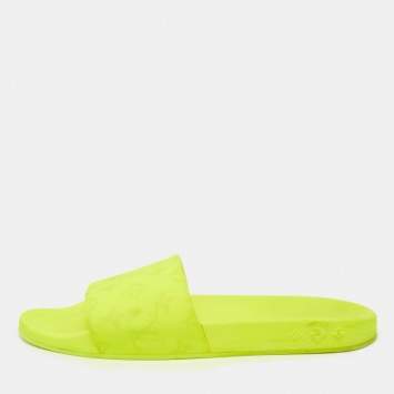 Pre Owned Louis Vuitton Neon Yellow Monogram Rubber Waterfront Flat Slides Size 44