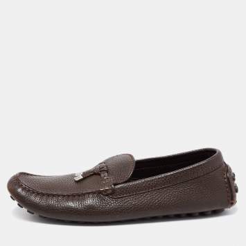 Pre Owned Louis Vuitton Brown Leather Logo Bow Slip On Loafers Size 43.5 