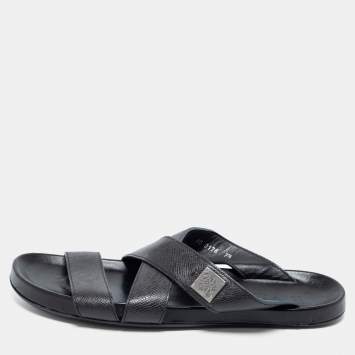 Pre Owned Louis Vuitton Black Leather Criss Cross Strap Flat Slide Sandals Size 41.5 