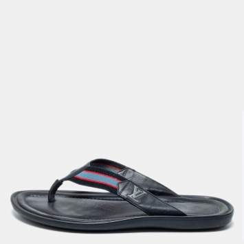 Pre Owned Louis Vuitton Navy Blue Leather and Canvas Thong Slides Size 44.5