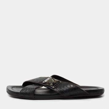 مملوكة مسبقًا Louis Vuitton Black Crocodile Leather Cross Strap Flat Slide Sandals Size 40