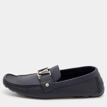 Pre Owned Louis Vuitton Navy Blue Leather Montaigne Slip On Loafers Size 41.5