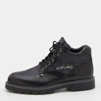 Pre Owned Louis Vuitton Black Leather And Damier Ebene Canvas Oberkampf Ankle Length Boots Size 45