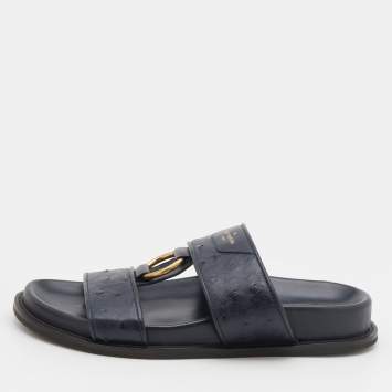 Pre Owned Louis Vuitton Navy Blue Ostrich And Leather Flats Size 41.5