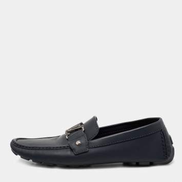 Pre Owned Louis Vuitton Navy Blue Leather Monte Carlo Slip On Loafers Size 42.5