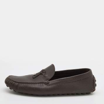 Pre Owned Louis Vuitton Dark Brown Leather Logo Bow Slip On Loafers Size 44.5