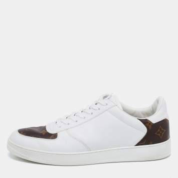 Pre Owned Louis Vuitton White/Brown Leather and Monogram Canvas Rivoli Low-Top Sneakers Size 41.5