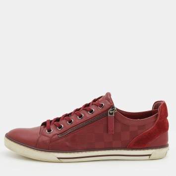 Pre Owned Louis Vuitton Red Leather And Suede Low Top Sneakers Size 42