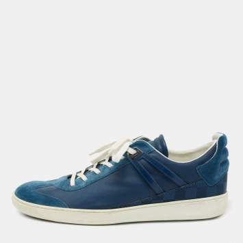 Pre Owned Louis Vuitton Blue Leather and Suede Damier Trimmed Detail Lace Up Sneakers Size 44