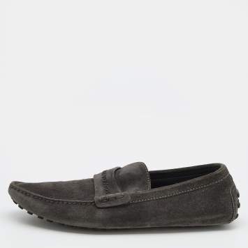 Pre Owned Louis Vuitton Dark Grey Suede Slip On Loafers Size 43