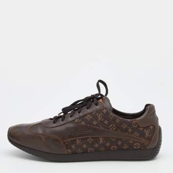Pre Owned Louis Vuitton Brown Mini Lin Monogram Canvas And Leather Low Top Sneakers Size 45