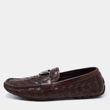 Pre Owned Louis Vuitton Dark Brown Woven Leather Monte Carlo Slip On Loafers Size 43
