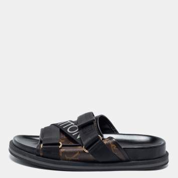 Pre Owned Louis Vuitton Brown/Black Monogram Canvas And Nylon Honolulu Flat Sandals Size 42.5