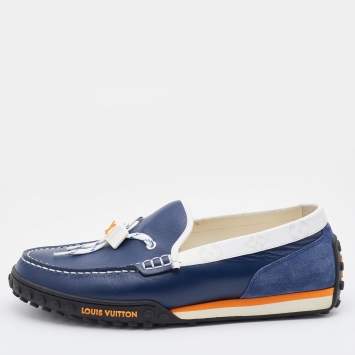 Pre Owned Louis Vuitton Blue/White Suede and Leather Racer Loafers Size 42