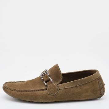 Pre Owned Louis Vuitton Khaki Brown Suede Hockenheim Loafers Size 40.5