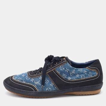 Pre Owned Louis Vuitton Blue/Black Monogram Denim and Suede Low Top Sneakers Size 42