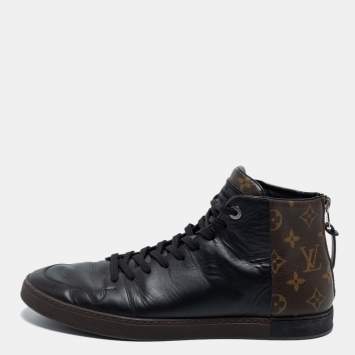 Pre Owned Louis Vuitton Black/Brown Leather and Monogram Canvas Line Up High Top Sneakers Size 43