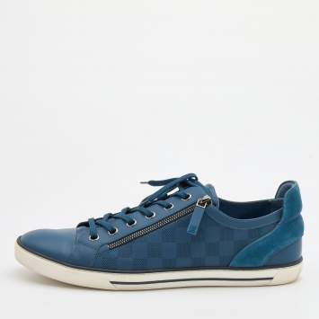 مملوكة مسبقًا Louis Vuitton Blue Damier Embossed Leather Challenge Zip Up Sneakers Size 44