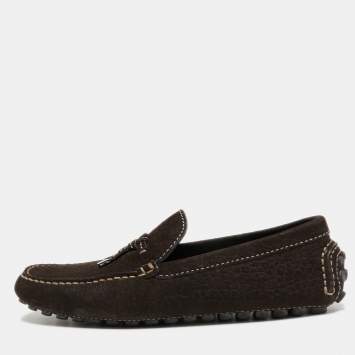 Pre Owned Louis Vuitton Dark Brown Textured Nubuck Leather Bow Loafers Size 41