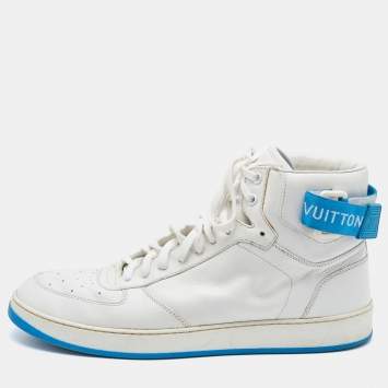 Pre Owned Louis Vuitton White/Blue Leather Rivoli High Top Sneakers Size 41.5