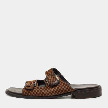 Pre Owned Louis Vuitton Brown Leather and Calf Hair Double Buckle Sandals Size 44