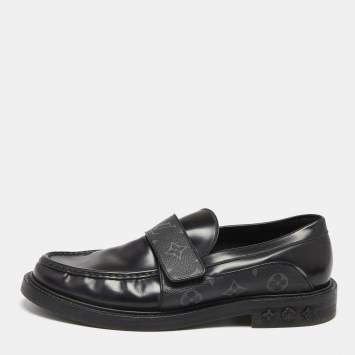 Pre Owned Louis Vuitton Black Monogram Canvas and Leather Loafers Size 42