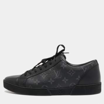 Pre Owned Louis Vuitton Black/Grey Leather and Monogram Coated Canvas Match Up Sneakers Size 43