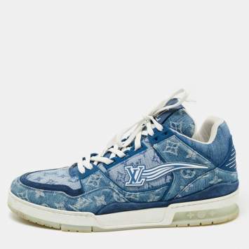 Pre Owned Louis Vuitton Blue Suede and Monogram Denim LV Trainer Sneakers Size 44.5 