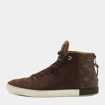 Pre Owned Louis Vuitton Brown Leather And Monogram Canvas High Top Sneakers Size 41.5