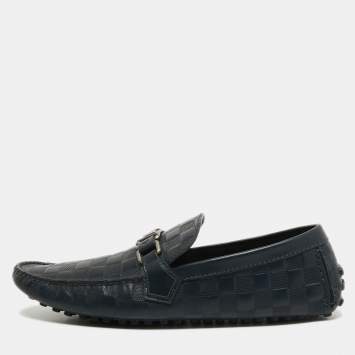 Pre Owned Louis Vuitton Navy Blue Leather Damier Infini Hockenheim Slip On Loafers Size 43